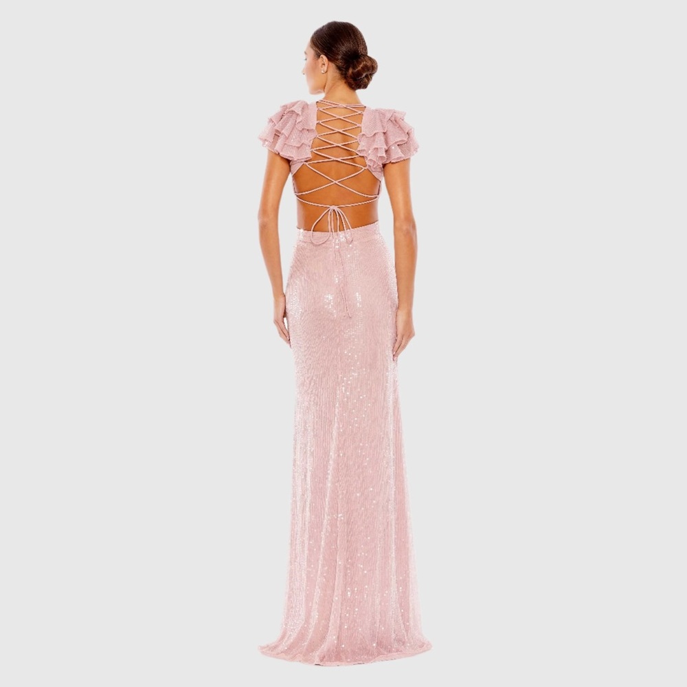 NWT $598 MAC DUGGAL Pink Sequined Ruffled Cut Out Lace Up Gown DRESS 10829 - Picture 3 of 4